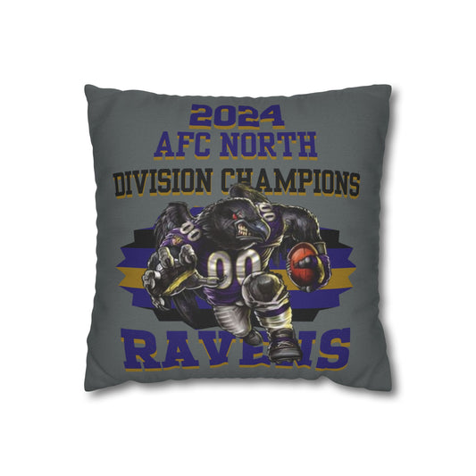 A square pillowcase with the Baltimore Ravens 2024 AFC North Division Champions design, featuring a player with the number 90 and the text 'Ravens' on it.