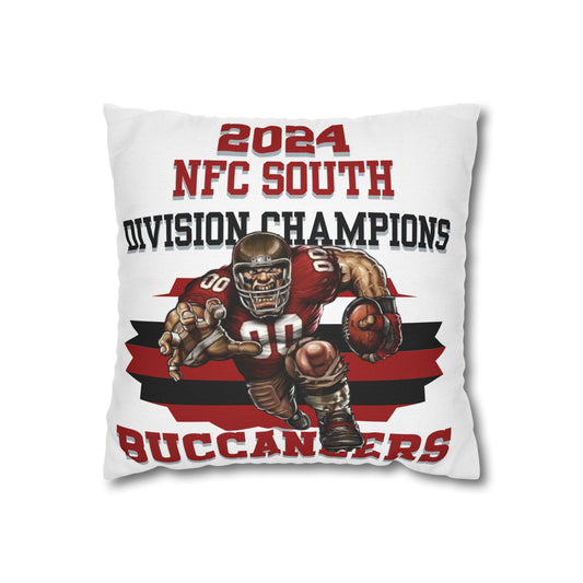 A square-shaped pillow case with an illustration of a football player and the text '2024 NFC South Division Champions Buccaneers' on a white background.