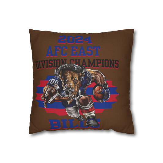 A square pillowcase with the Buffalo Bills 2024 Division Champs design, featuring an illustration of a football player and team colors and text.