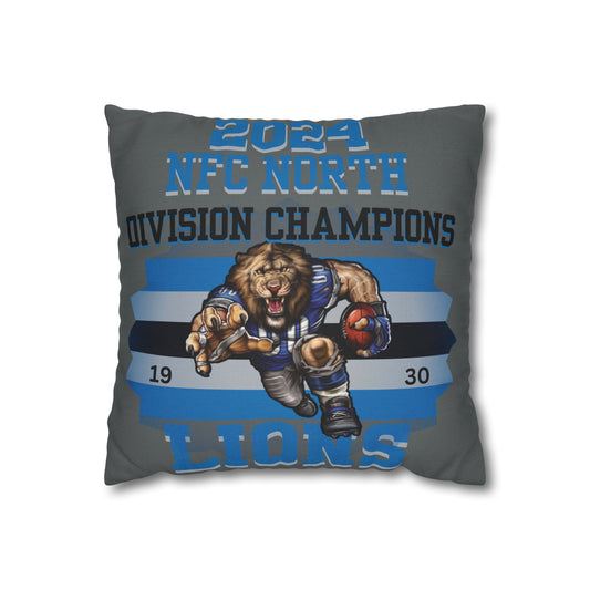 A square pillowcase featuring an illustration of a Detroit Lions football player bear with the text '2024 NFC North Division Champions' and the team's logo.