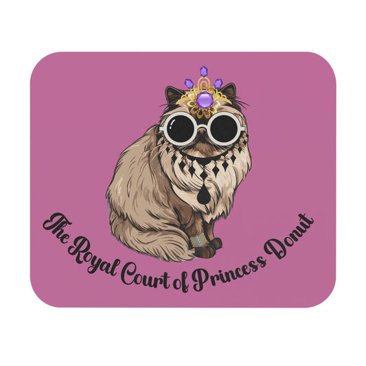 Rectangular mouse pad with an illustration of a cartoon cat character wearing a crown and glasses, with text 'The Royal Court of Princess Donut'.