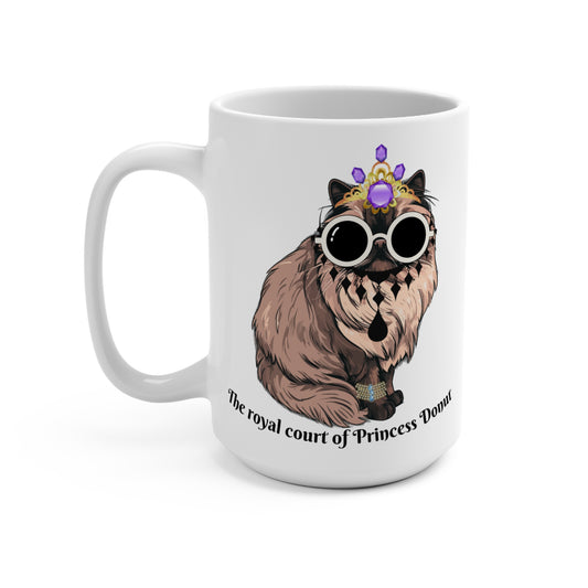 A white ceramic mug with an illustration of a cat wearing glasses and a crown, labeled 'The royal court of Princess Donut'.