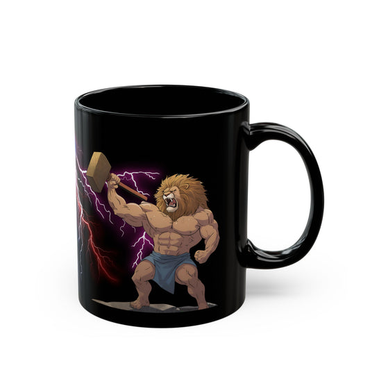 A black ceramic mug with a graphic of a character of Gary from the book He who fights with monsters