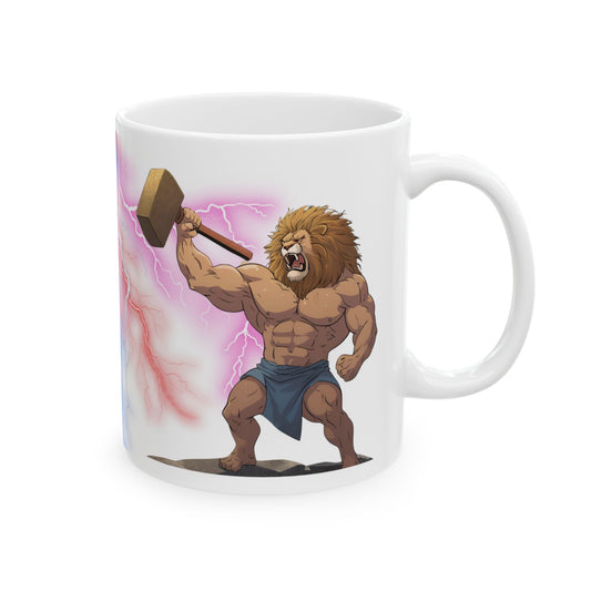 A white ceramic mug with a illustration of a lion-man character Gary holding a hammer