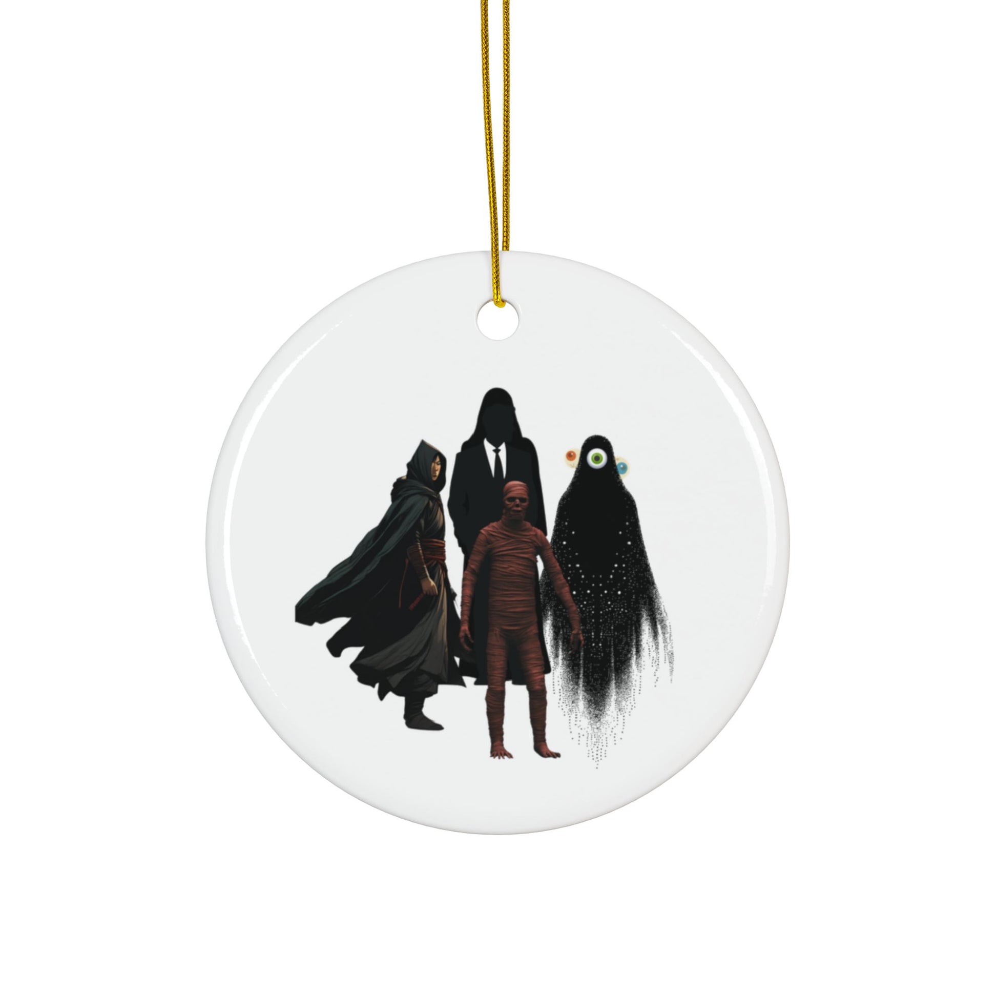 A circular ceramic ornament with a glossy finish, featuring four characters from the book 'He who fights with Monsters', hanging by a gold string.