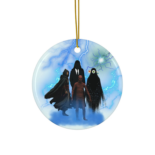 A ceramic circular ornament with a illustration of characters from the book 'He who fights with monsters'. It has a glossy finish with a gold string for hanging.