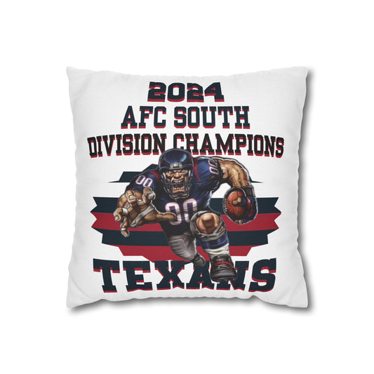 A square pillowcase with the Houston Texans 2024 AFC South Division Champs design, featuring an illustration of a player and team colors.