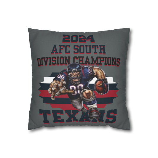 A square pillowcase with the text '2024 AFC SOUTH DIVISION CHAMPIONS TEXANS' and an illustration of football players.
