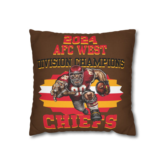 A square pillowcase with the Kansas City Chiefs branding and text '2024 AFC West Division Champions'. It features an illustration of a football player in motion with team colors and graphics.