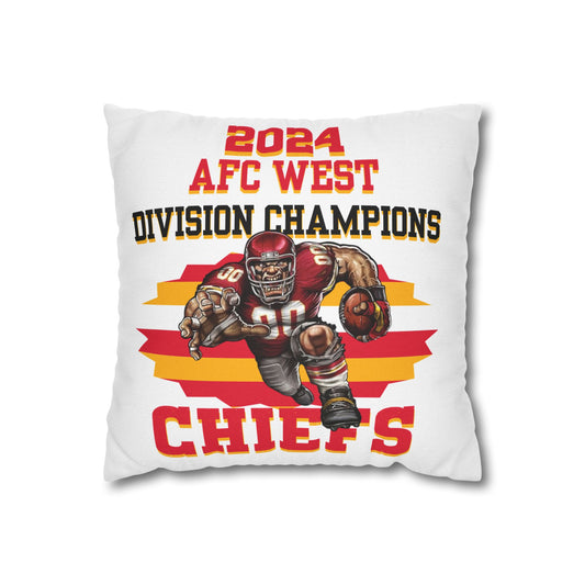 A square pillowcase with the Kansas City Chiefs branding and text '2024 AFC West Division Champions'. It features an illustration of a football player in motion with team colors and elements.