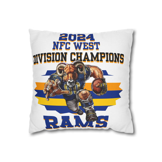 Pillowcase featuring an illustration of a football player and the text '2024 NFC West Division Champions RAMS' on a white background.