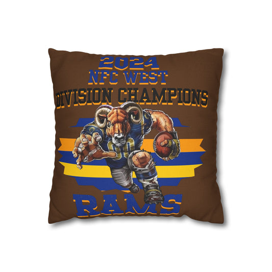 Pillowcase with Los Angeles Rams 2024 Division Champs design, featuring an illustration of a ram's head and team colors.