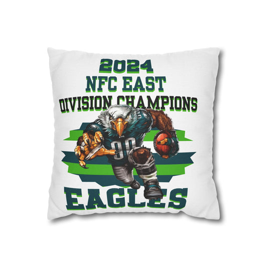 A square pillowcase with the Philadelphia Eagles 2024 NFC East Division Champs design, featuring a football player and team colors.