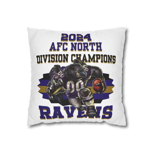 A square pillowcase with the Baltimore Ravens 2024 AFC North Division Champions design, featuring a football player and team colors.