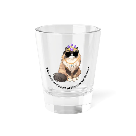 A custom shot glass with a design of princess donut