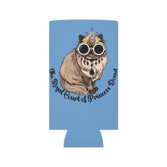 A blue can cooler with a whimsical design of a donut character wearing glasses and a crown, titled 'The Royal Court of Princess Donut'.