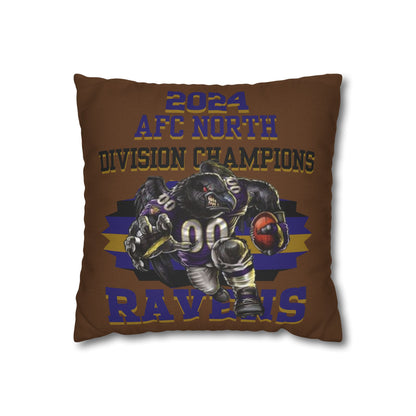 A square pillowcase with the Baltimore Ravens 2024 Division Champs design, featuring a football player and team colors.