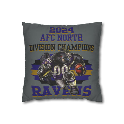 A square pillowcase with the Baltimore Ravens 2024 AFC North Division Champions design, featuring a player with the number 90 and the text 'Ravens' on it.