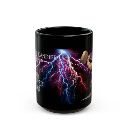 A black ceramic mug with a graphic of a character resembling 'hero Gary' from a fantasy book he who fights with monsters