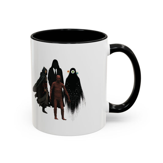 A white ceramic coffee mug with a black handle and interior, featuring colorful character illustrations from the book 'He who fights with monsters'.