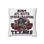 A square pillowcase with the Houston Texans 2024 AFC South Division Champs design, featuring an illustration of a player and team colors.