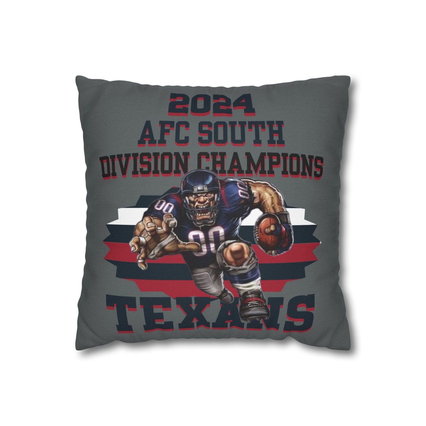 A square pillowcase with the text '2024 AFC SOUTH DIVISION CHAMPIONS TEXANS' and an illustration of football players.