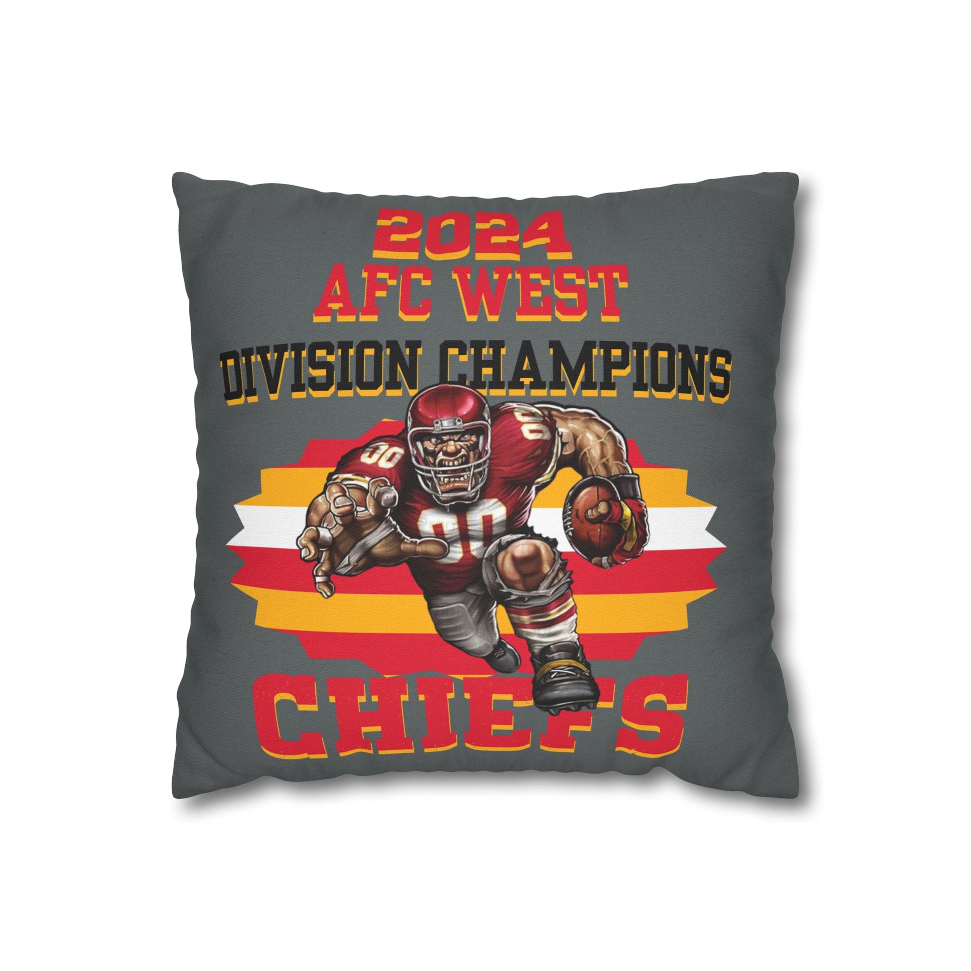 A square pillowcase with the Kansas City Chiefs 2024 AFC West Division Champs design, featuring an illustration of a player in action with text and graphic elements in red, gray, and black colors.