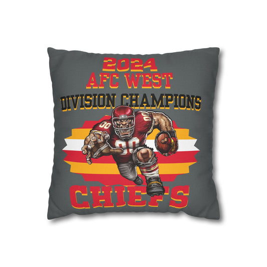 A square pillowcase with the Kansas City Chiefs 2024 AFC West Division Champs design, featuring an illustration of a player in action with text and graphic elements in red, gray, and black colors.