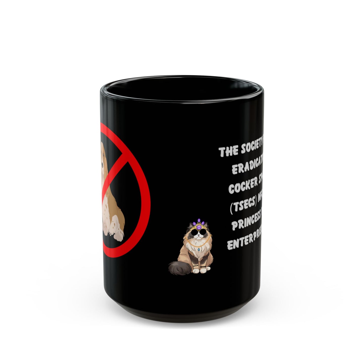 Black ceramic mug with a design featuring a cartoon character and a prohibition sign with a dog illustration.