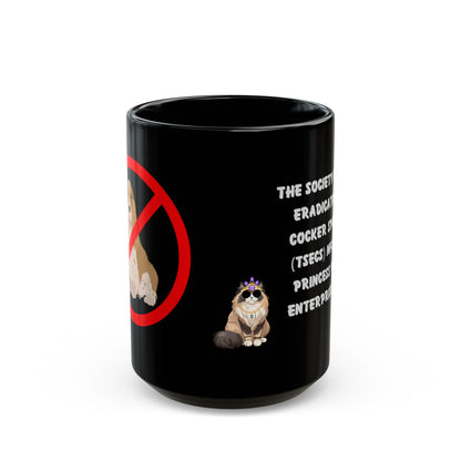 Black ceramic mug with a design featuring a cartoon character and a prohibition sign with a dog illustration.
